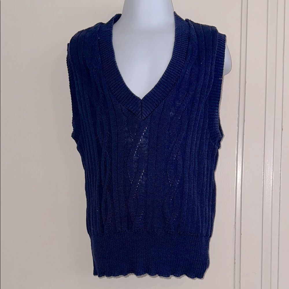Vintage Garland Navy Blue cotton cable knit ribbed V neck sweater vest